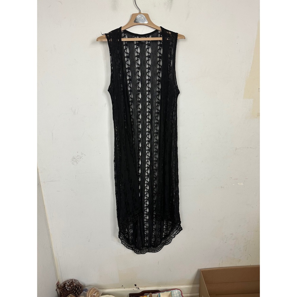 Rue21 Womens Black Lace Sheer Duster Vest Crochet Fringe Trim L/XL